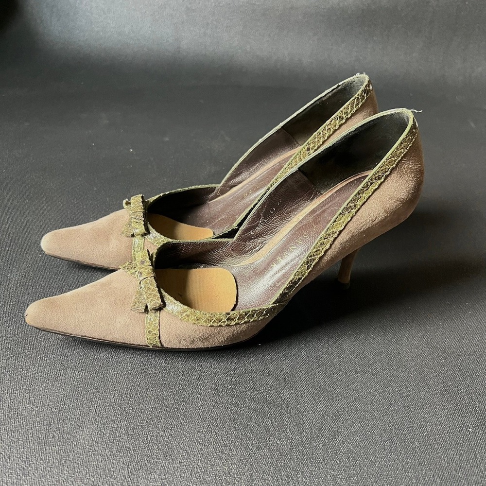 Rebeca Sanver Suede Snakeskin Bow Pointed Pumps Heels 37 US 6.5 Sophisticated